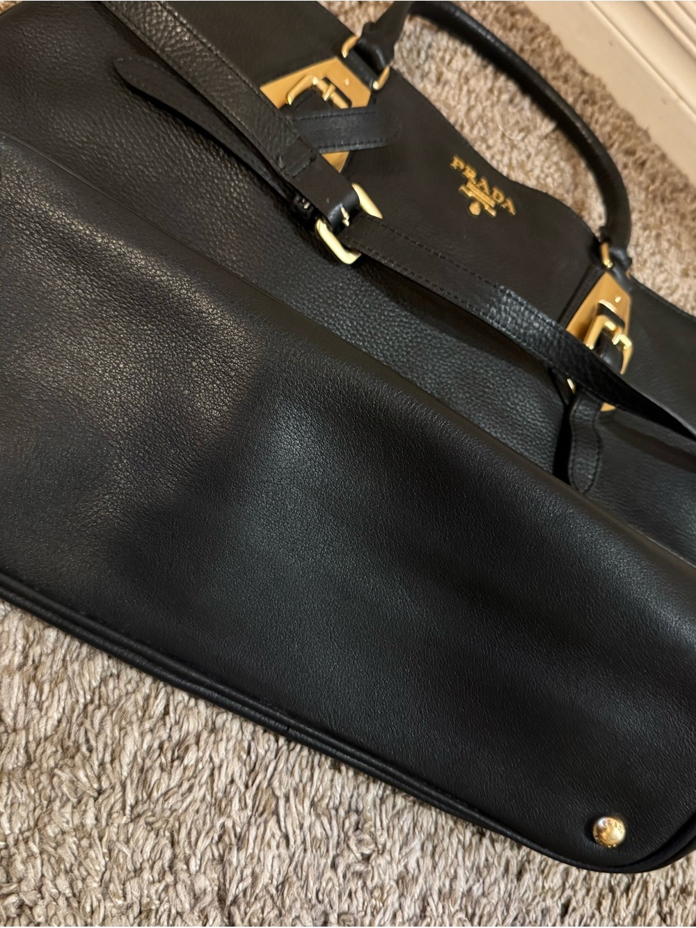 Prada Black Leather Tote with Gold-Tone Buckle Accents - Picture 11 of 12
